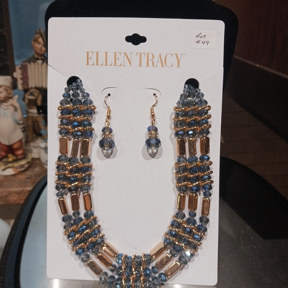Ellen Tracy Designer Blue & Goldtone Beaded Necklace And Earrings Set - Picture 4 of 5